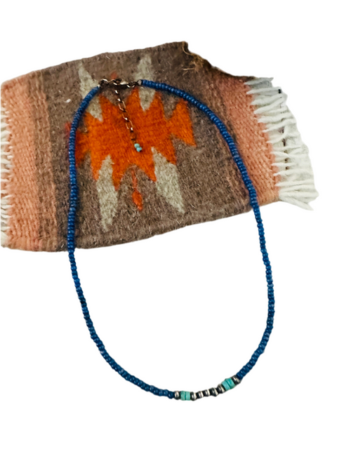 Navajo Lapis, Turquoise & Sterling Silver 16” Beaded Necklace