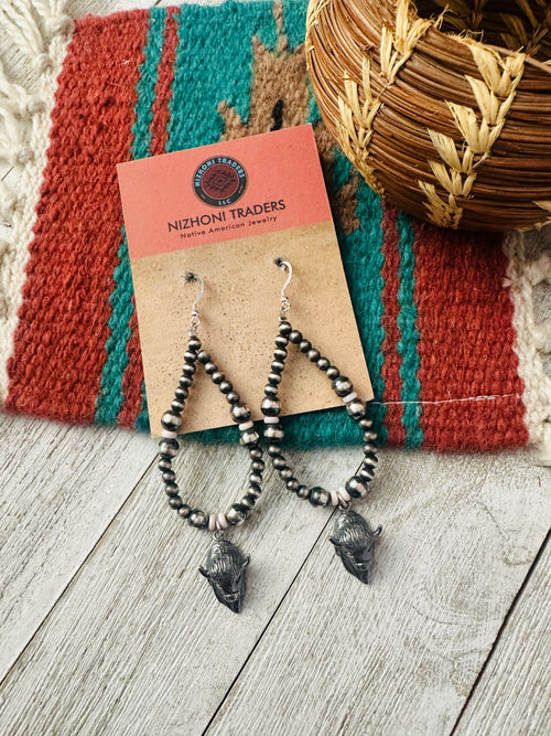 Handcrafted Queen Pink Conch & Sterling Silver Pearl Bullhead Beaded Hoop Earrings