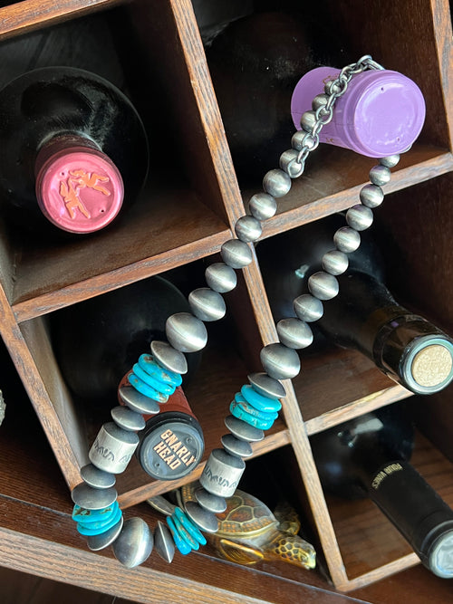 Handcrafted Sterling Silver and Kingman Turquoise Handmade Beaded Necklace by Rose Martin, 18 Inches