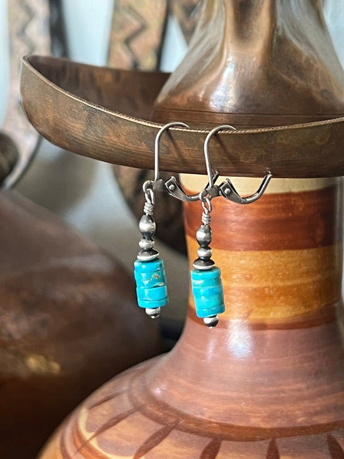 Navajo Made Sterling Silver Petite Summer Lovin’ Sonoran Turquoise Beaded Drop Earrings, Leverback