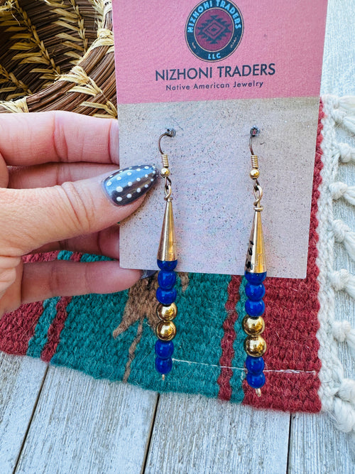 Handcrafted Old Pawn Gold Plated Sterling Silver and Lapis Beaded Dangle Earrings
