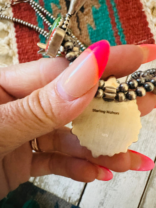 ** Christmas Collection ** Handmade Sterling Silver, Turquoise & Coral Necklace Signed Nizhoni