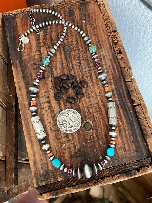Handcrafted Sterling Silver, Kingman Turquoise and Spiny Oyster Shell Handcrafted Electric Rainbow Beaded Necklace by Rose Martin, 26 + 1-1/2 inch