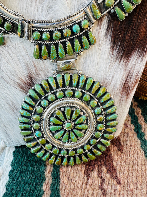 Old Pawn Handcrafted Sterling Silver and Turquoise Cluster Necklace