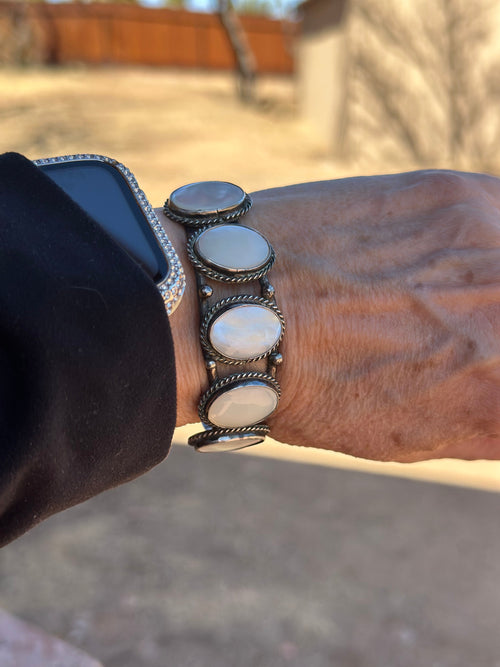 Old Pawn Sterling Silver & Mother of Pearl Cuff Bracelet /