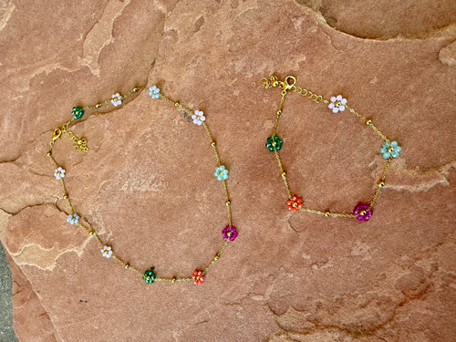 “The Golden Collection” Handmade Multi Color Beaded Plated Flower Bracelet