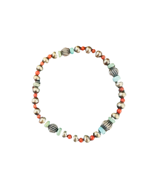 ** Christmas Collection ** Handmade Sterling Silver, Turquoise & Coral Beaded Bracelet