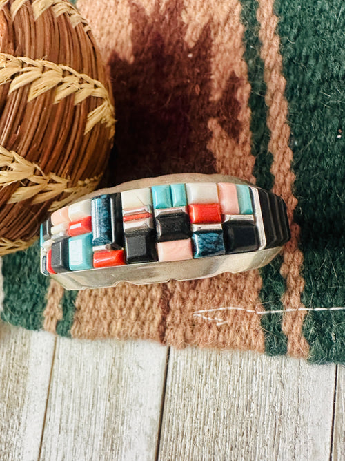 Handcrafted Old Pawn Multi Stone & Sterling Silver Inlay Cuff Bracelet