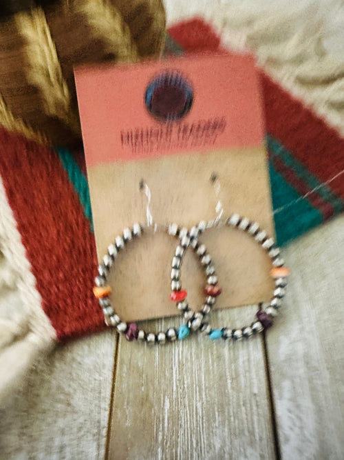 Handcrafted Spiny Oyster, Turquoise & Sterling Silver Beaded Dangle Hoop Earrings