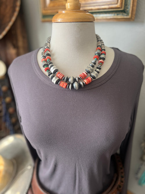 Chunky Sterling Silver, Red Spiny Oyster & Turquoise Single Strand Beaded Necklace by Rose Martin, 20” + 1”
