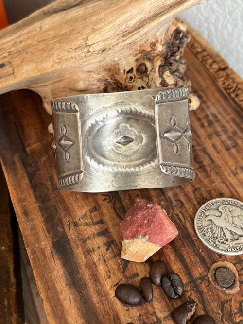 Hand Forged Old Pawn Sterling Silver Ingot Cuff Bracelet by Santa Fe Artist Buffalo, Concho Grande