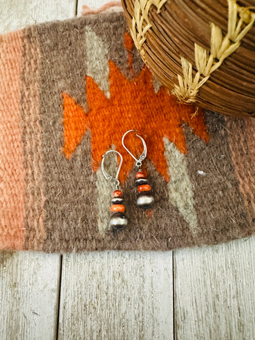 Navajo Spiny Oyster & Sterling Silver Pearl Dangle Earrings