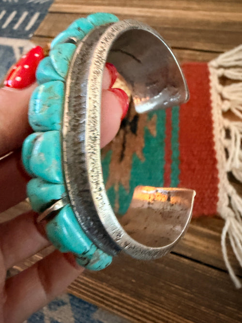 Handcrafted Old Pawn Sterling Silver & Turquoise Cobble Stone Inlay Cuff Bracelet