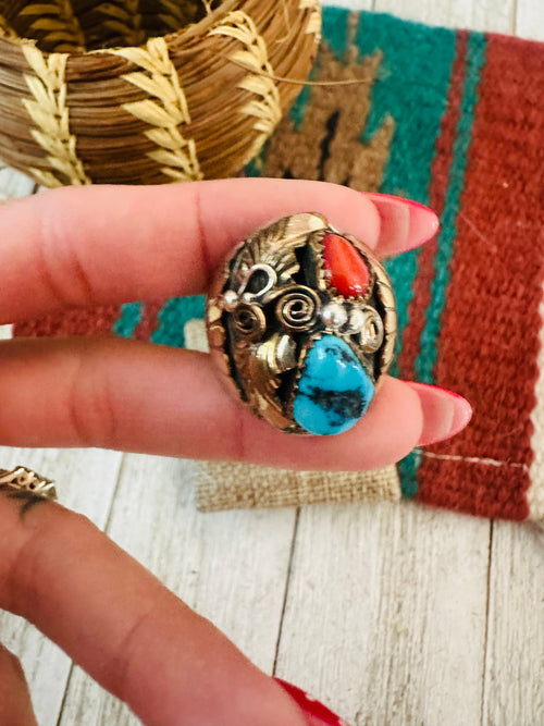 Old Pawn Navajo Sterling Silver with Gold Overlay, Turquoise & Coral Ring Size 10.75