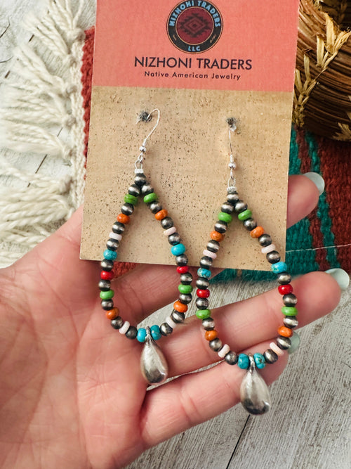 Navajo Multi Stone & Sterling Silver Pearl Beaded Hoop Earrings
