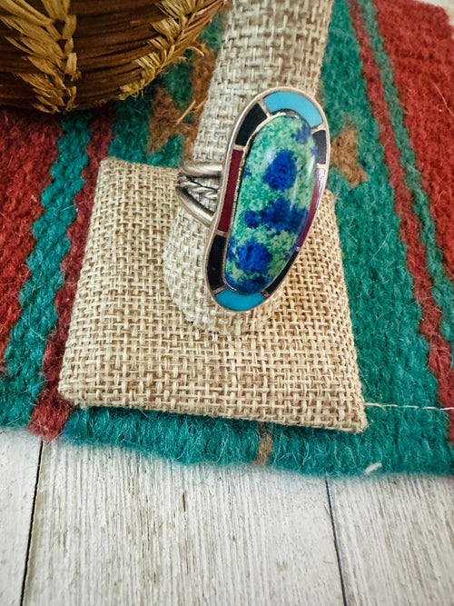 Old Pawn Navajo Sterling Silver & Multi Stone Inlay Ring Size 10
