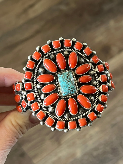 Navajo Sterling Silver, Mediterranean Coral and Spiderweb Kingman Turquoise Cuff Bracelet by Tyler Brown