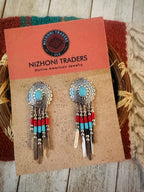 Handcrafted Old Pawn Sterling Silver & Multi Stone Beaded Dream Catcher Dangle Earrings