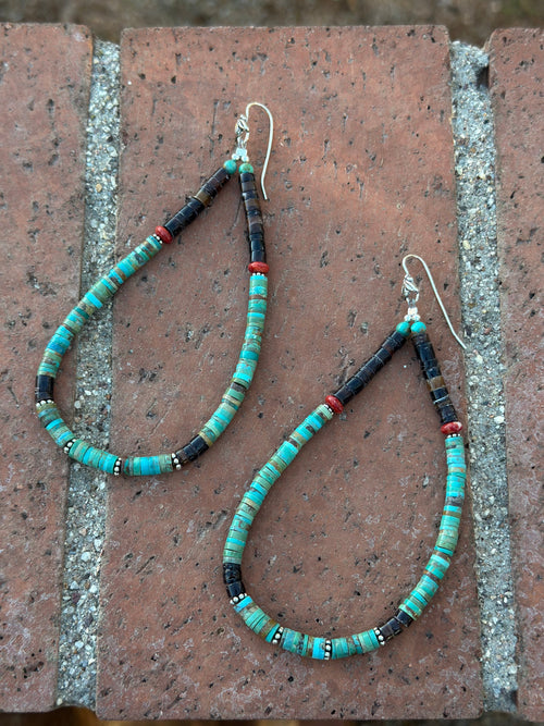 Handmade Turquoise & Heishi Beaded Hoop Earrings 5”