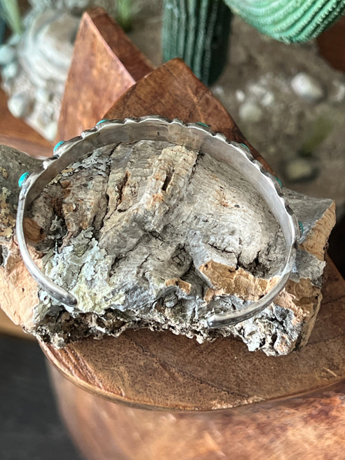 Handcrafted Vintage Sterling Silver and Round Turquoise Panel Stacker Cuff Bracelet