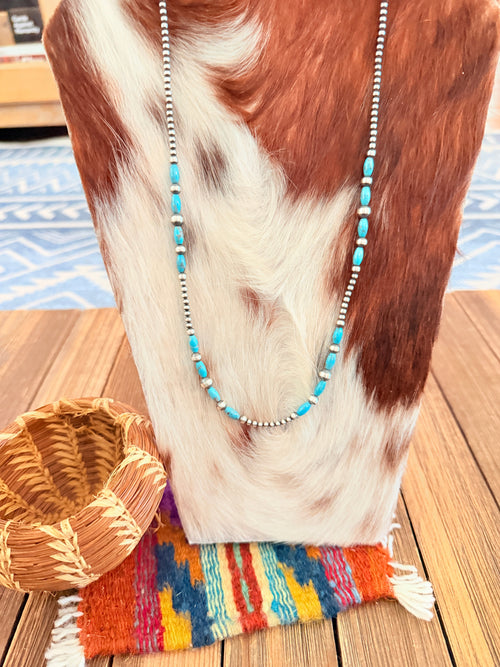 Handcrafted Turquoise & Sterling Silver Pearl 24” Beaded Necklace
