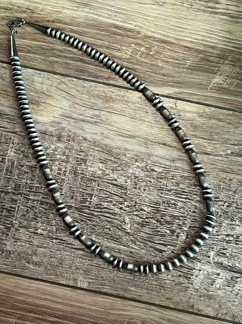 Old Pawn Sterling Silver Navajo Saucer and Corrugated Bead Necklace, 24 inches