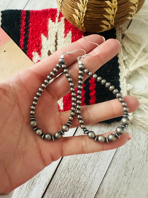 Navajo Sterling Silver Pearl Beaded Dangle Hoop Earrings