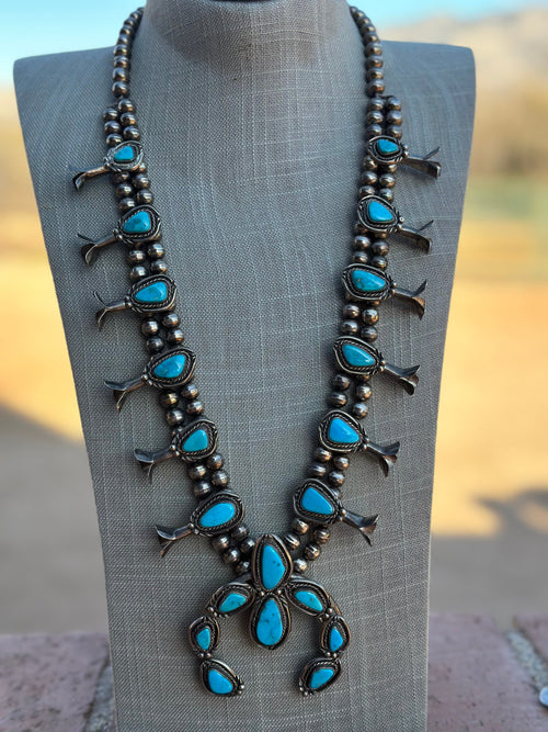 Estate Collection Old Pawn Turquoise & Sterling Silver Squash Blossom Necklace