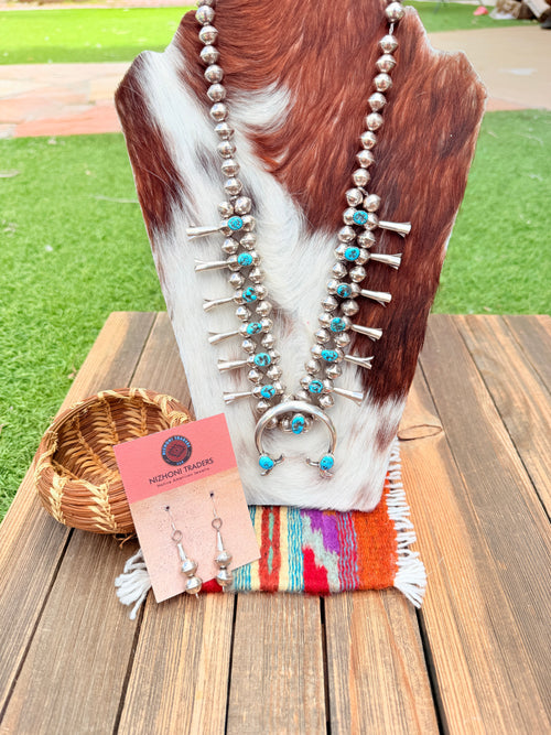 Handcrafted Sterling Silver & Kingman Turquoise Squash Blossom Necklace Set