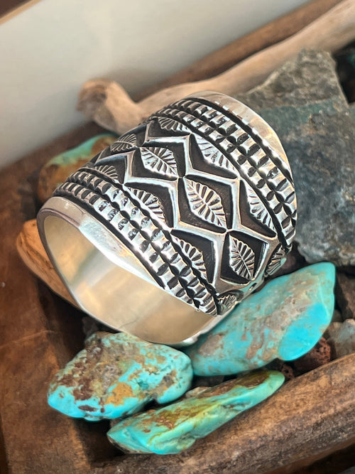 Handcrafted Old Pawn Sterling Silver Deep Stamped Cuff Bracelet by Elvira Bill
