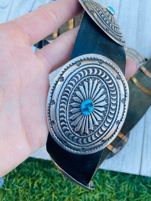 Handcrafted Vintage Black Leather And Sterling Silver Turquoise Concho Belt