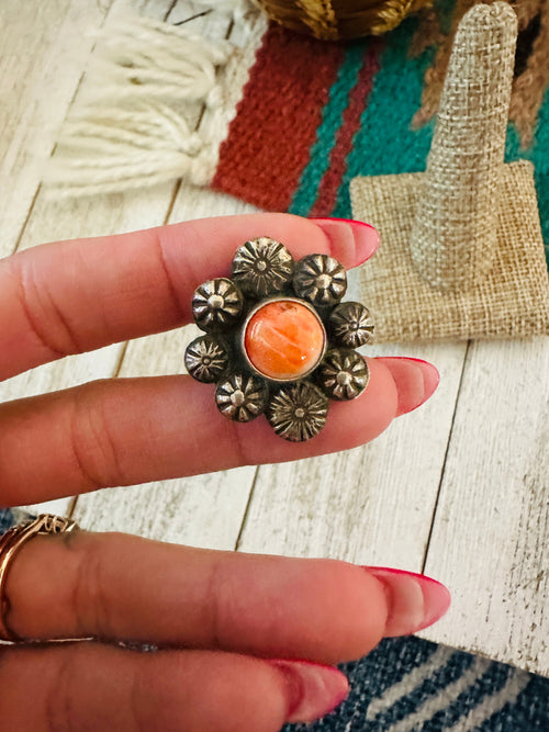 Old Pawn Navajo Sterling Silver & Orange Spiny Flower Ring Size 9