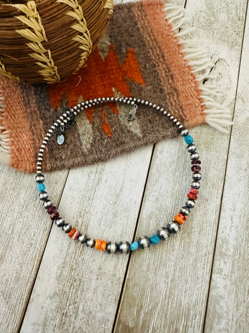 Navajo Spiny, Turquoise & Sterling Silver Beaded Wrap Choker Necklace