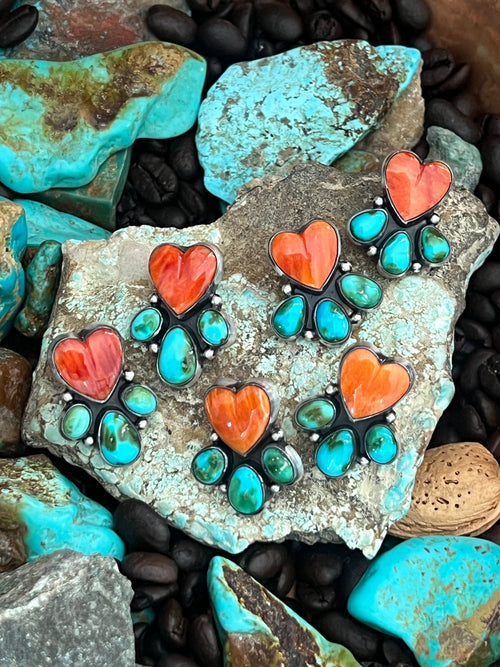 Vibrant Handcrafted Sterling Silver, Sonoran Turquoise and Spiny Oyster Shell Heart Cluster Post Earrings by Lucy Jake