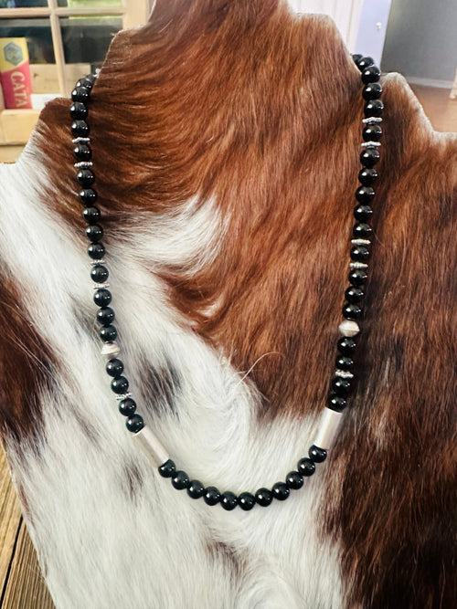 Handcrafted Black Onyx & Sterling Silver Beaded 18” Necklace by T & R Singer