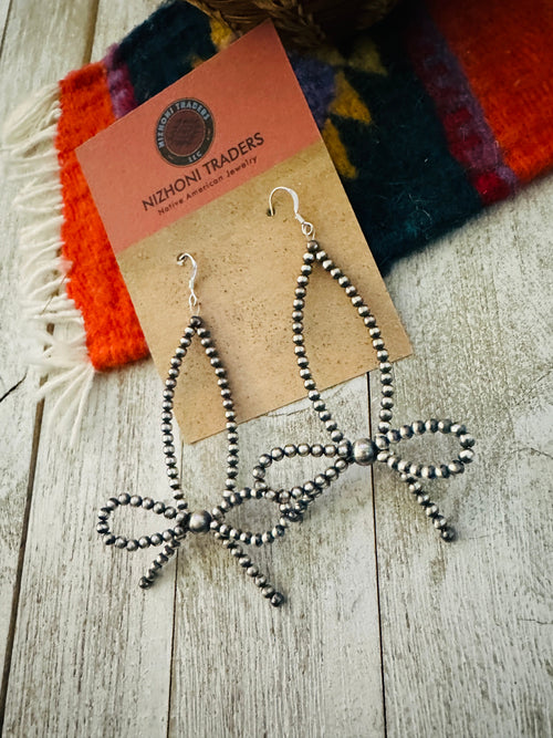 Handcrafted Sterling Silver Pearl Beaded Bow Dangle Hoop Earrings