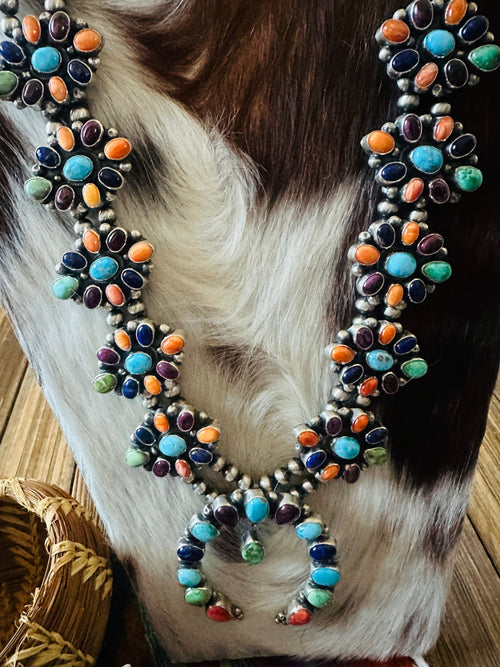 Handcrafted Multi Stone Beaded & Sterling Silver Cluster Necklace and Earring Set by Sheila Becenti