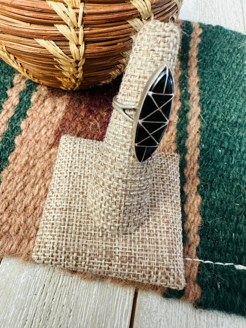 Old Pawn Handcrafted Onyx & Sterling Silver Inlay Ring Size 5