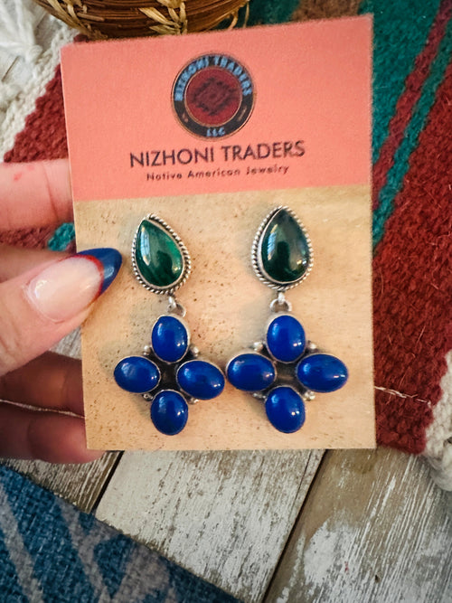 Old Pawn Navajo Sterling Silver, Lapis & Malachite Dangle Earrings