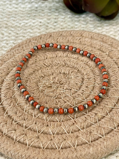 ** 4TH OF JULY ** Handmade Sterling Silver & Coral Beaded Bracelet with Signed Nizhoni
