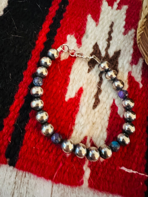 Navajo Lapis & Sterling Silver Beaded Bracelet l