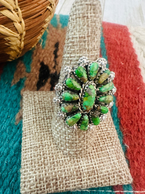 Old Pawn Navajo Sterling Silver & Green Turquoise Cluster Ring Size 9 by Leander Nez