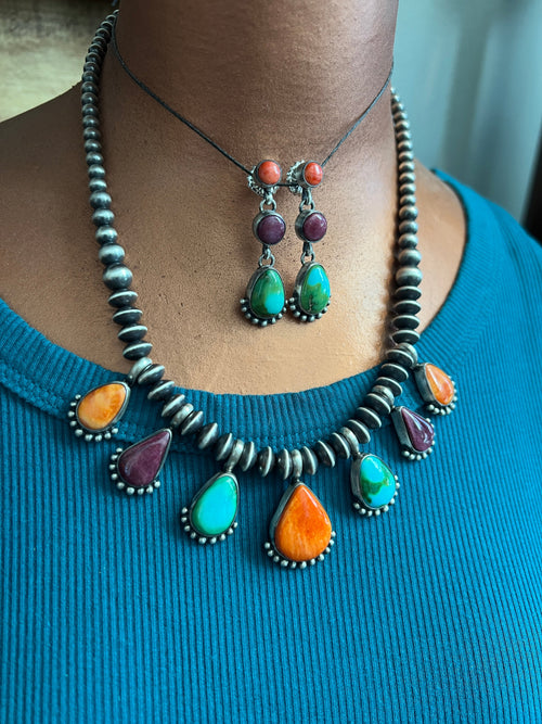 Handcrafted Sterling Silver Electric Rainbow Beaded Drop Charm Necklace & Earrings Set by Loretta Delgarito