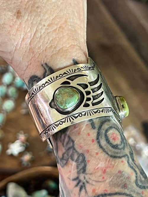 Handcrafted Old Pawn Sterling Silver and Royston Turquoise Overlay Bear Paw Cuff Bracelet by Charlie Bowie /