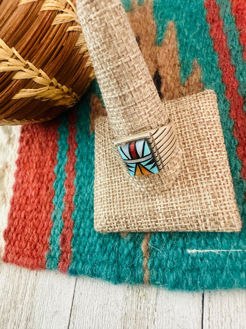 Handcrafted Old Pawn Sterling Silver & Multi Stone Inlay Ring Size 12