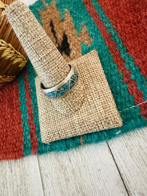 Old Pawn Navajo Sterling Silver & Turquoise Chip Inlay Band Ring