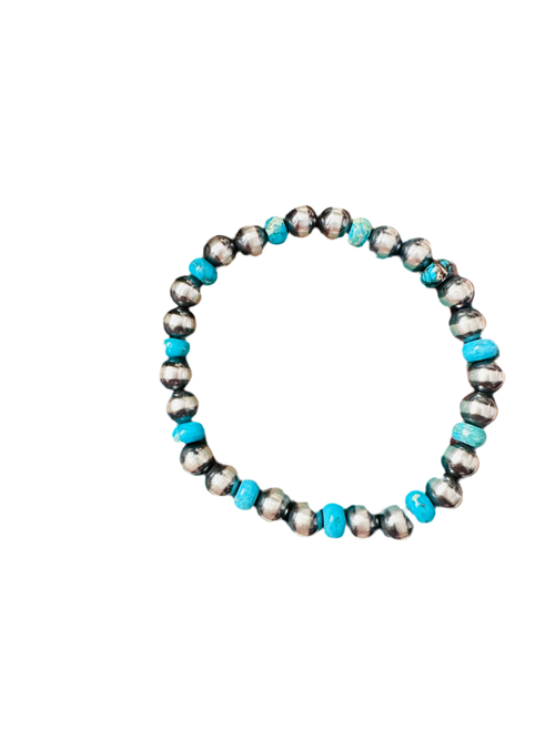 Handcrafted Turquoise & Sterling Silver Pearl Beaded Stretch Bracelet