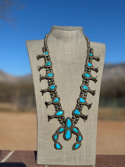 Estate Collection Old Pawn Turquoise & Sterling Silver Squash Blossom Necklace