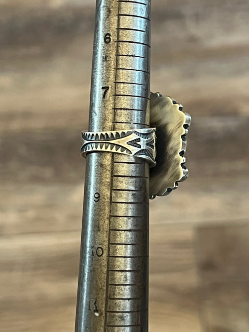 Navajo Electric Rainbow Turquoise and Spiny Oyster Ring by Angela Martin and Bernyse Chavez, Size 7.5-8