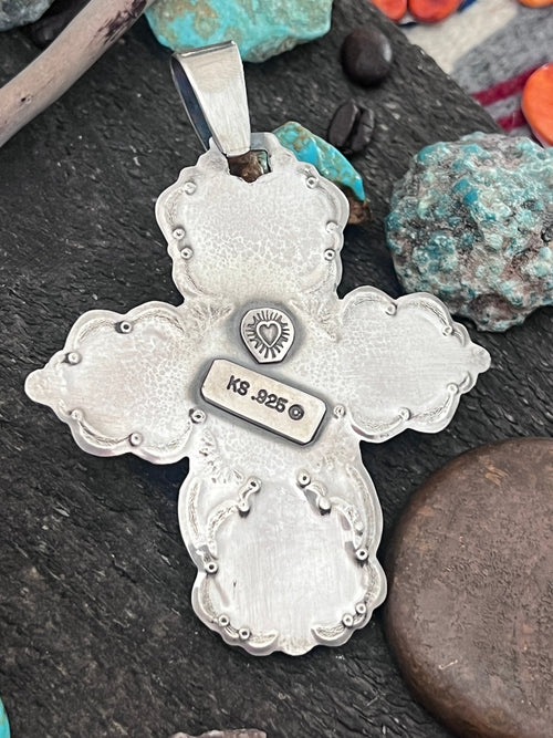 Hand Stamped Sterling Silver, Pilot Mountain Turquoise & Spiny Oyster Cross Pendant by Kimari Somers
